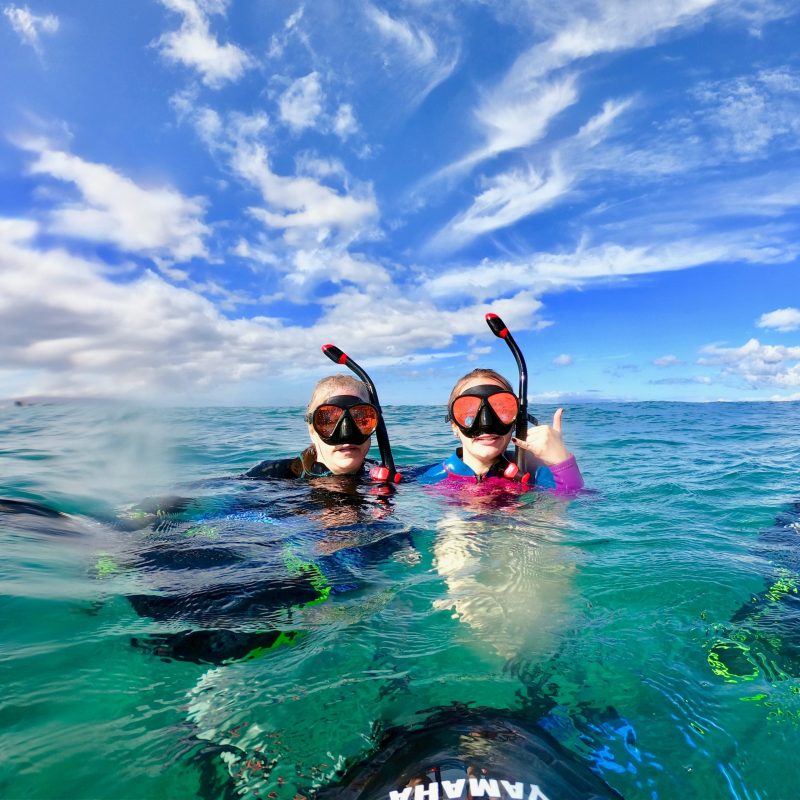 a group of people riding skis on a body of water