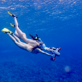 a person flying through the air while swimming in a body of water