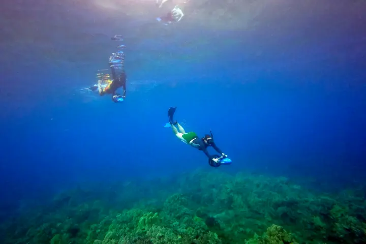 a man flying through the air while swimming in a body of water