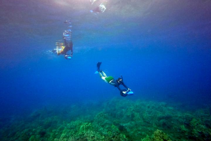 a man flying through the air while swimming in a body of water