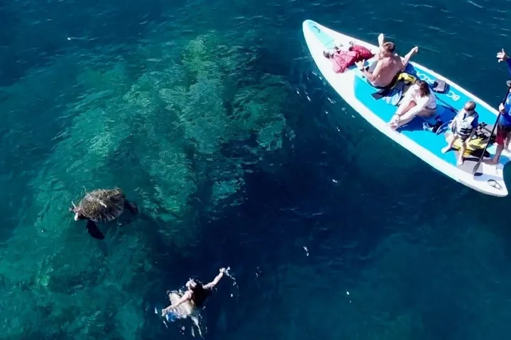 a man flying through the air while swimming in a body of water